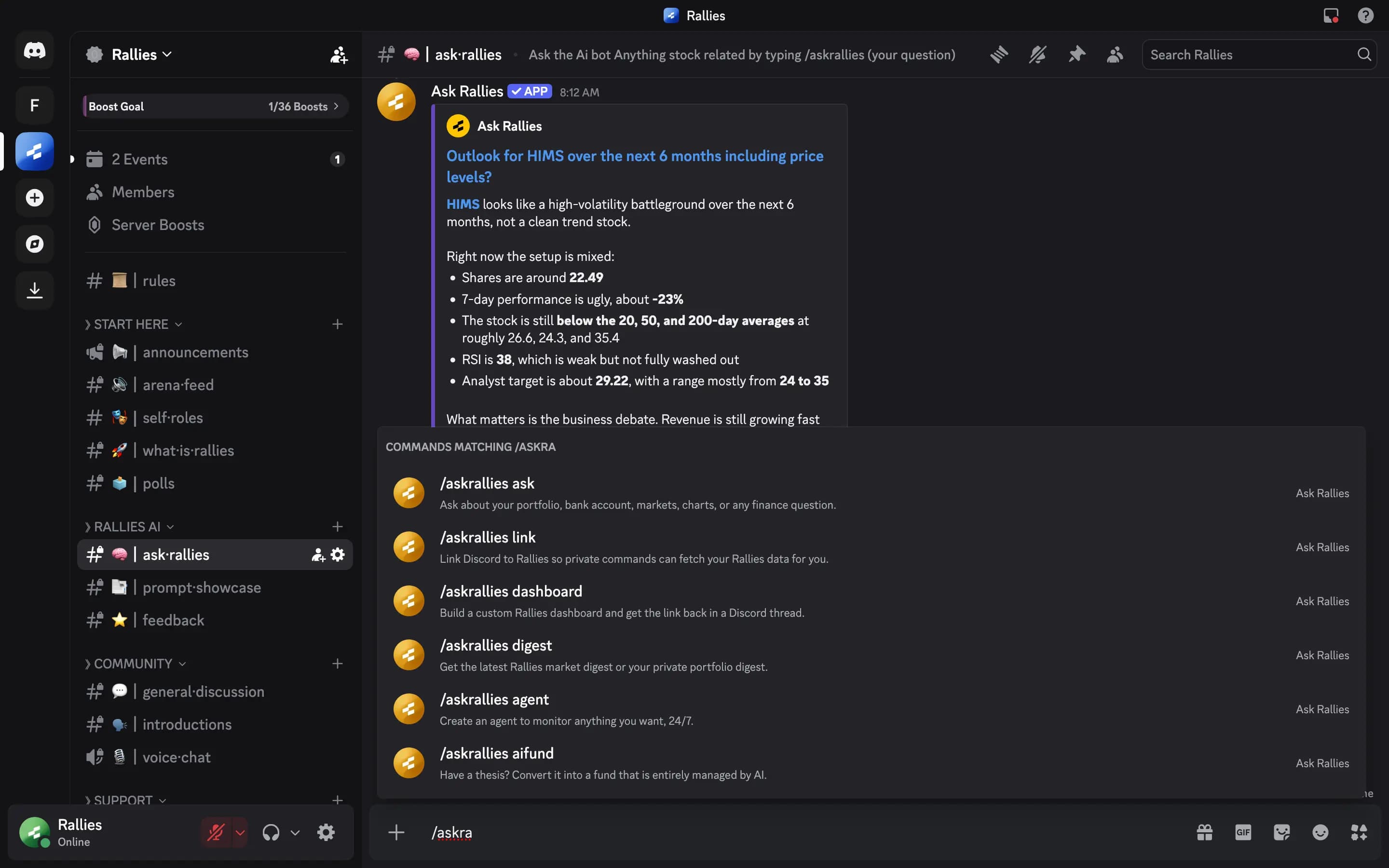 Ask Rallies Discord bot answering a market research question