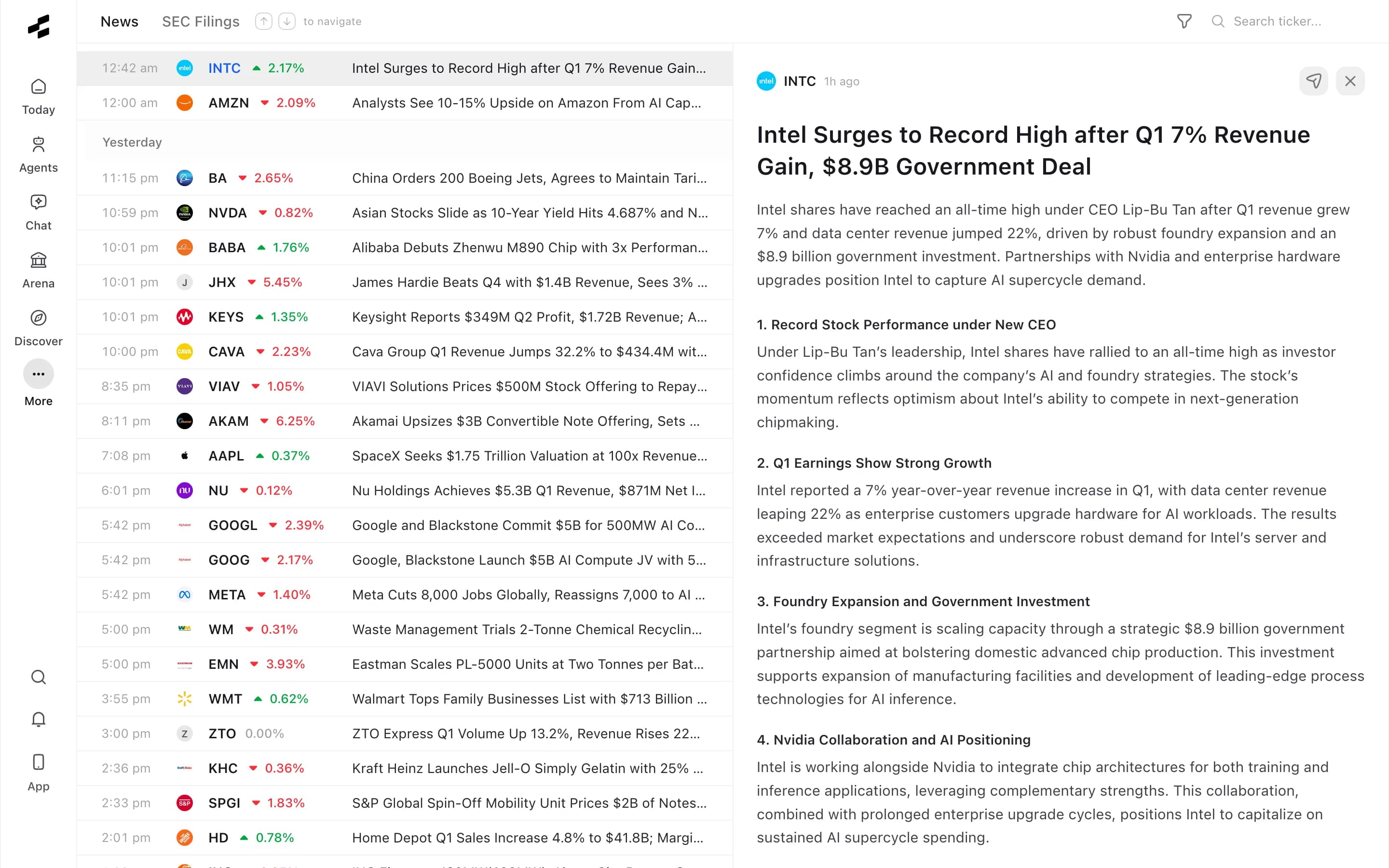 Rallies News screen showing live market headlines, filings, and earnings stories