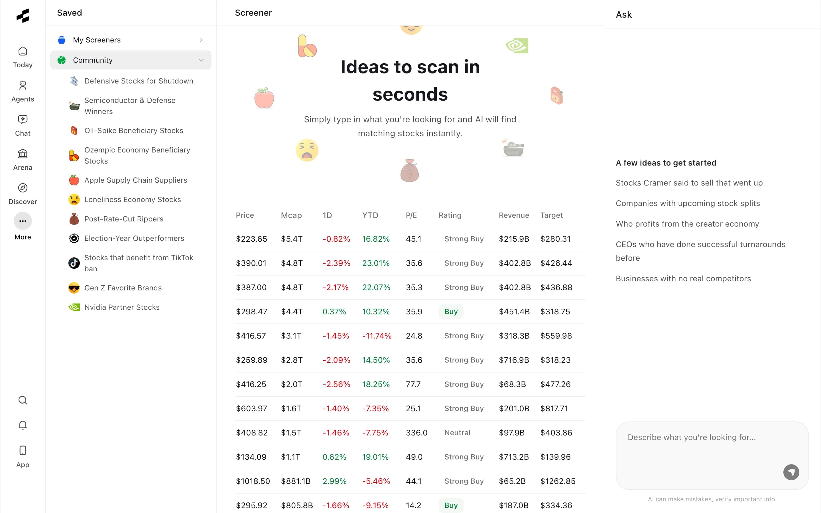 Rallies Screener screen with AI stock screening results