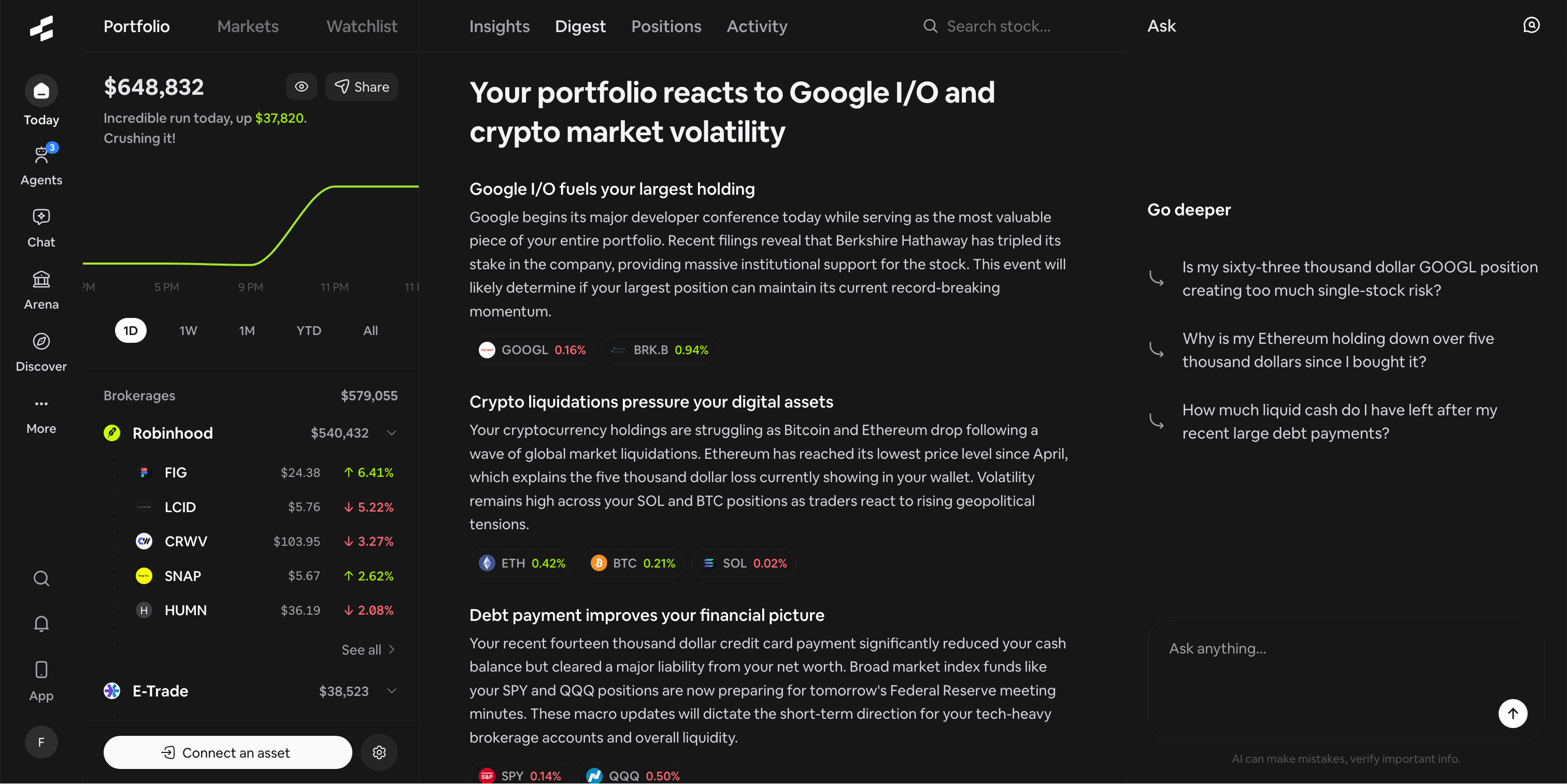 Rallies Portfolio screen with connected assets and portfolio research