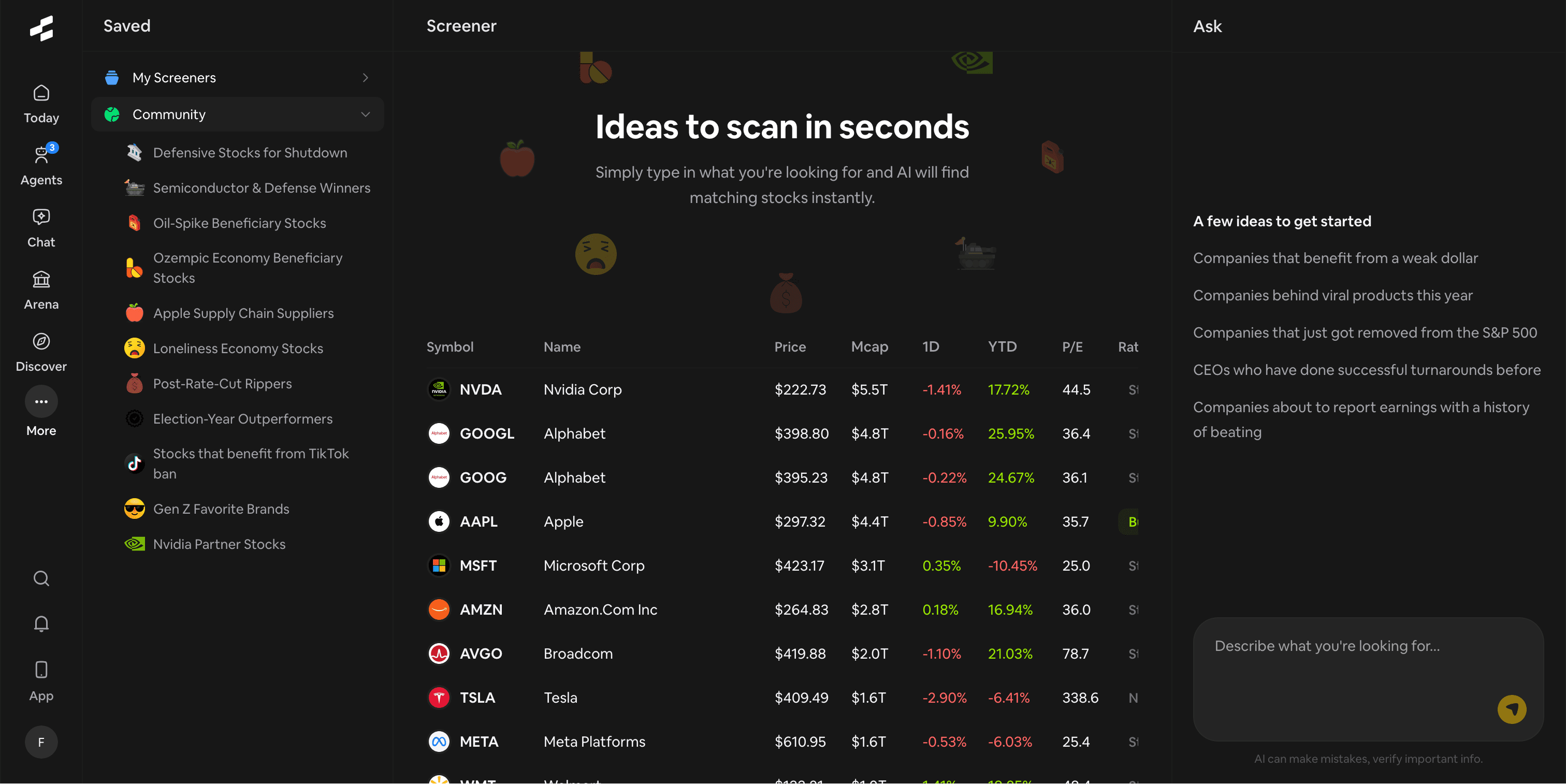 Rallies Screener screen with AI stock screening results