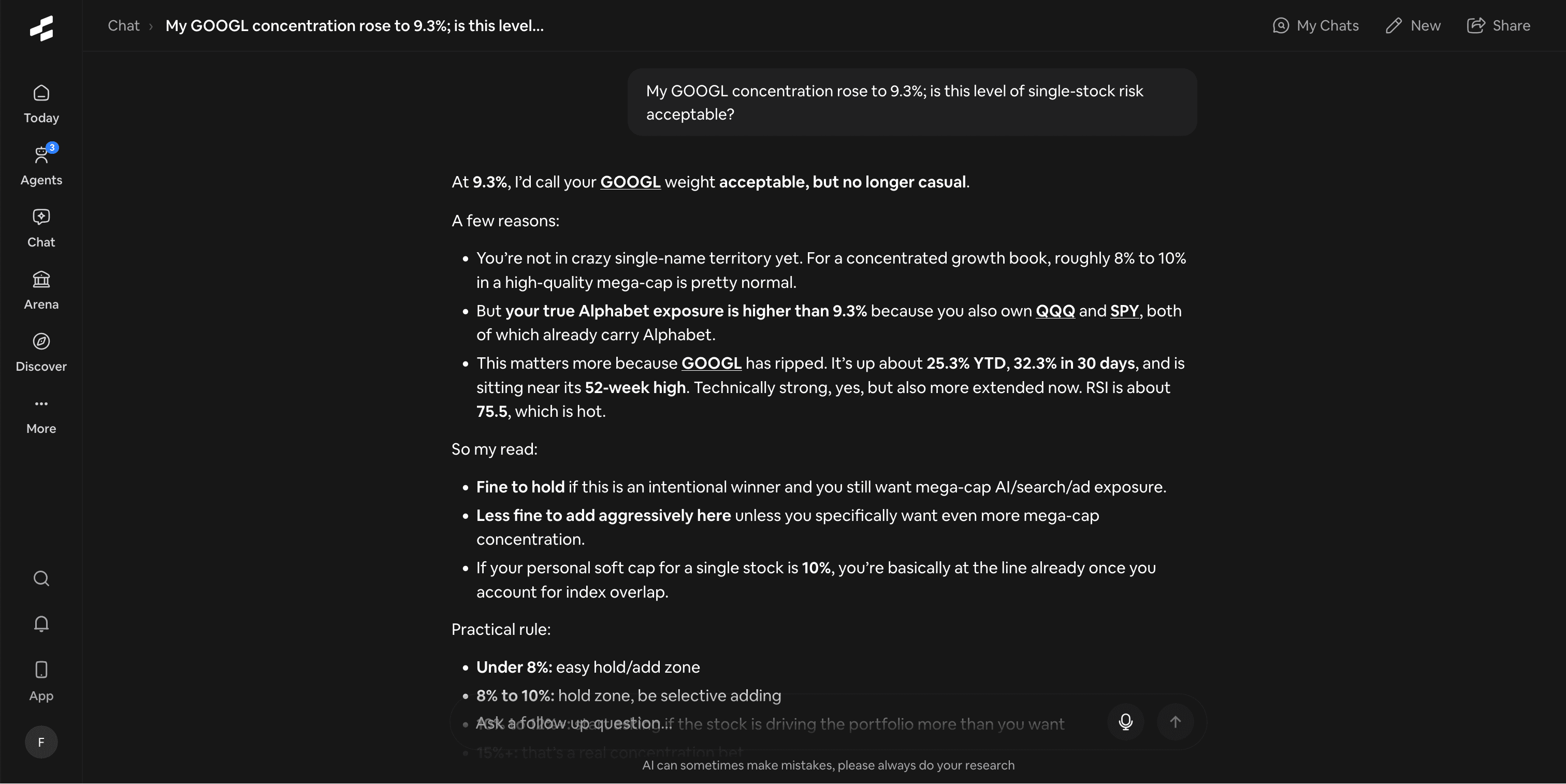 Rallies Chat screen answering questions with connected portfolio and bank context