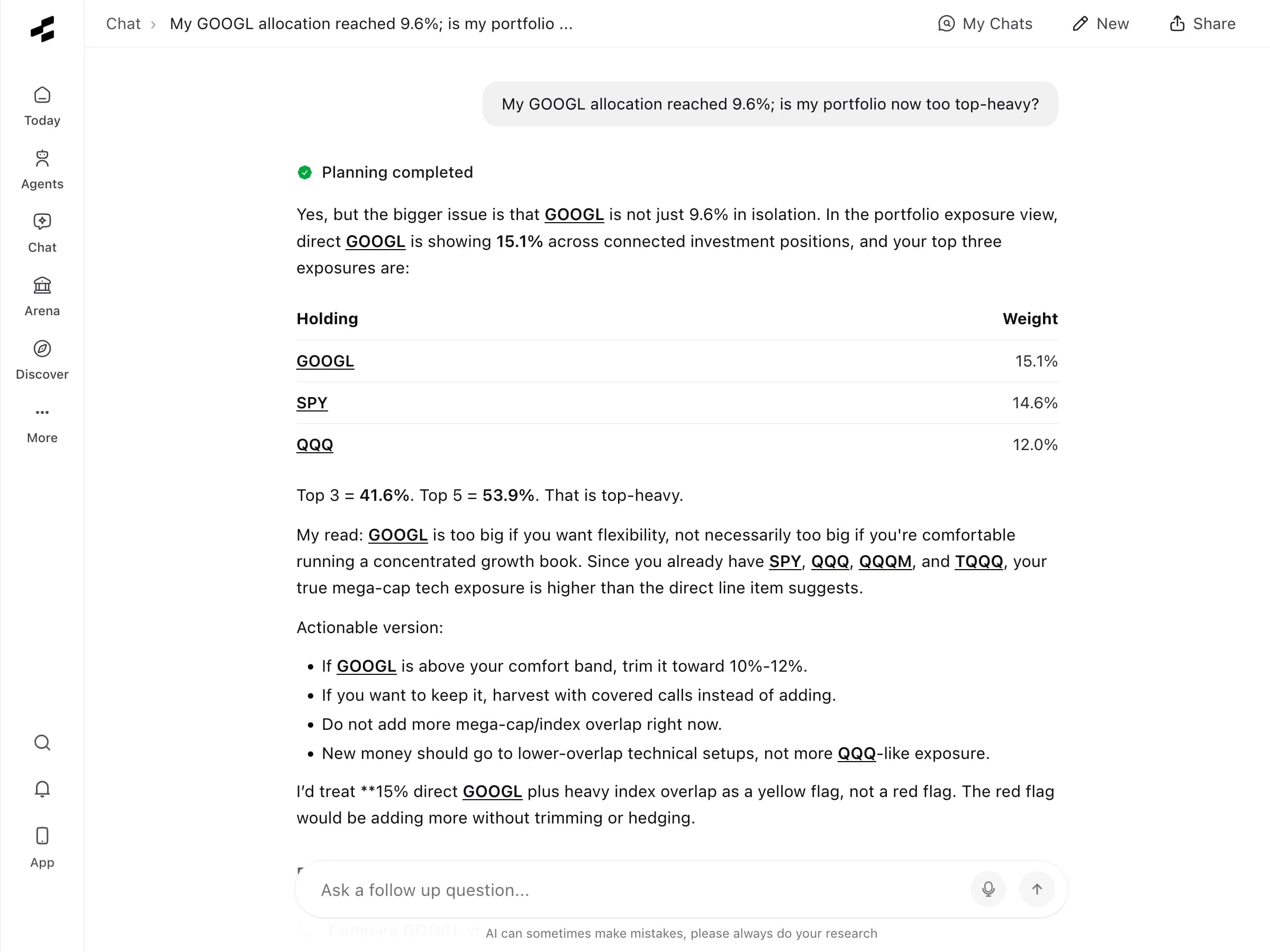 Rallies Chat screen answering questions with connected portfolio and bank context
