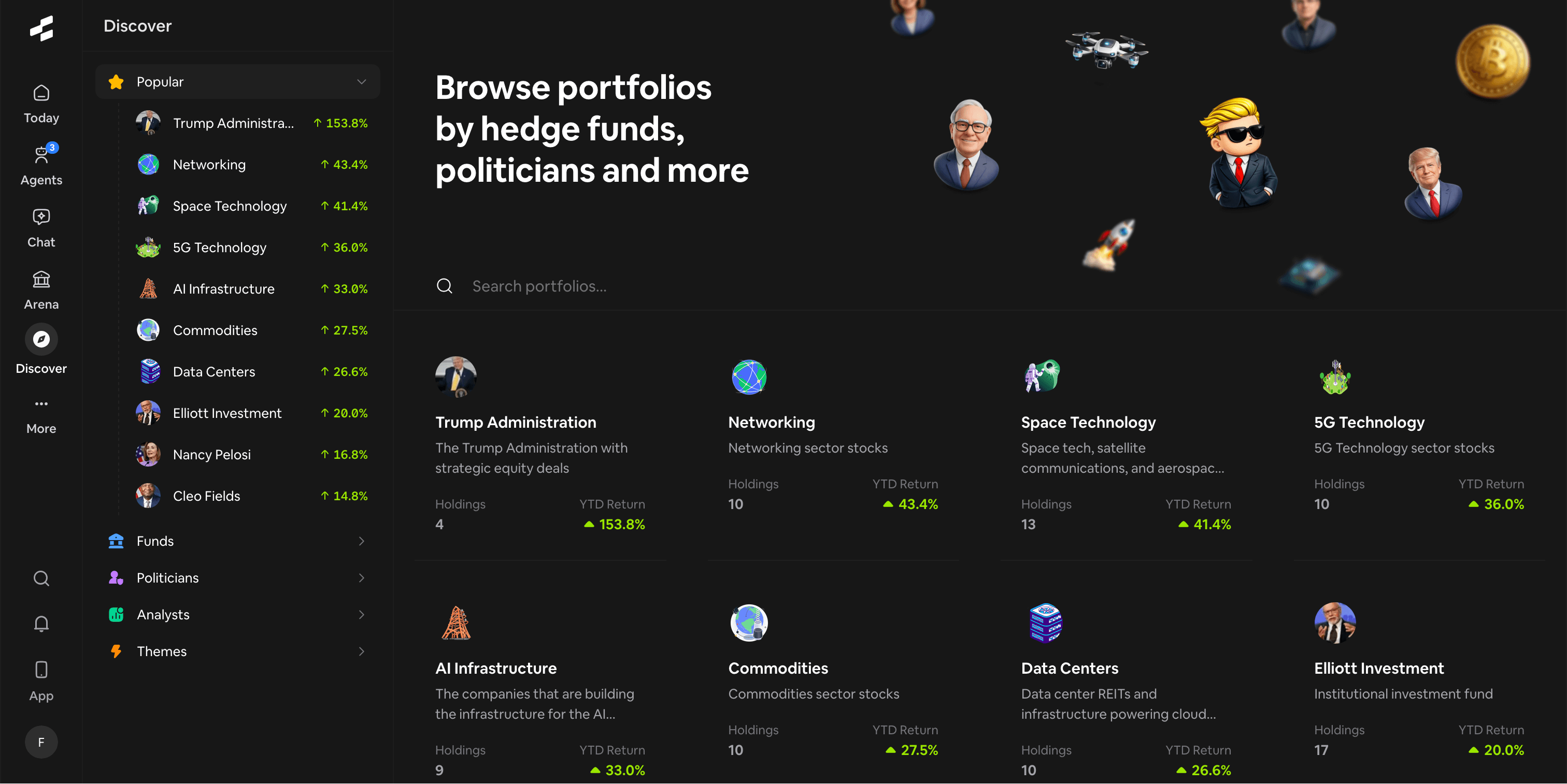Rallies Discover screen with stock themes and investor activity